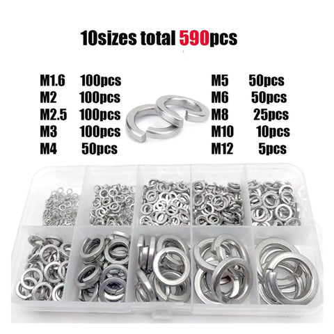 Stainless Steel Spring Lock Washer Assortment Kit 590 To 930 Pieces M1.6 To M16 304 Grade Rust Resistant Split Washers In Box With Elastic Gasket For Mechanical Automotive And DIY Projects, 590 pcs in organizer box