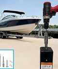 Trailer Jack Drill Adapter for 1 Inch Drive Shaft, shown with boat trailer and drill, heavy duty stainless steel, wobble free fit.