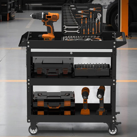 Built Tough Heavy Duty Steel Push Cart With Three Tier Shelves Lockable Drawer And Pegboard Organizer For Garage Shop Setup Smooth Gliding Casters On Hard Surfaces