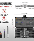 66 In 1 Magnetic Screwdriver Set With S2 Steel Bits, including flexible shaft, and precision bits in carrying case, open view.