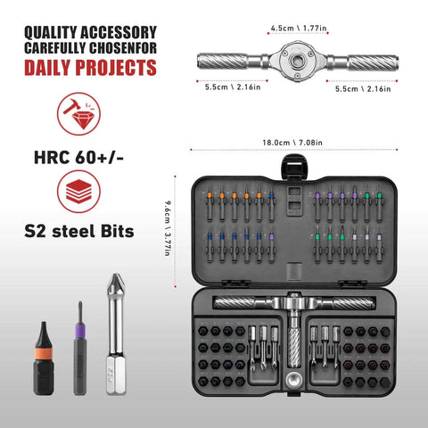 66 In 1 Magnetic Screwdriver Set With S2 Steel Bits, including flexible shaft, and precision bits in carrying case, open view.