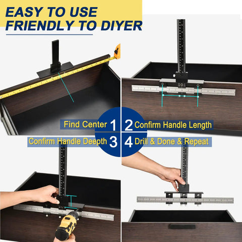 All Metal Adjustable Cabinet Hardware Jig With 5mm And 4mm Drilling Templates in use on drawer for precise handle installation