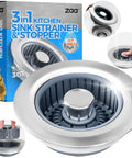 Front view of a silver 3-in-1 sink drain strainer and stopper with gray interior basket; fits 3-1/2" sink hole (box shown).