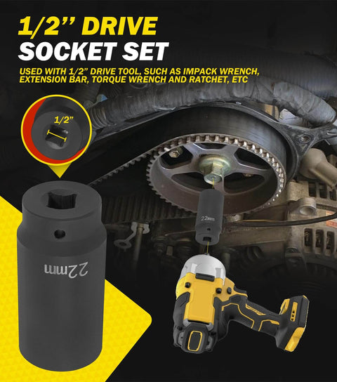 22mm Harmonic Balancer Socket, 1/2 Inch Drive, used with impact wrench on engine crank bolt