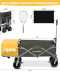 All Terrain Collapsible Wagon Cart With Removable Tabletop And 500Lbs Capacity Folding Utility Wagon With Extended Tailgate Heavy Duty Big Six And A Half Inch Wheels For Beach Picnic Grocery Outdoor Adventures, shown extended with tennis racket for scale, dimensions highlighted.