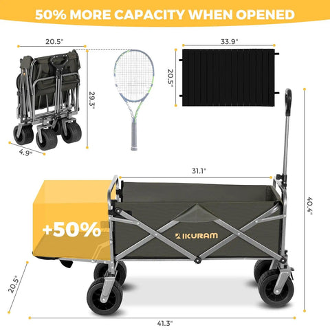All Terrain Collapsible Wagon Cart With Removable Tabletop And 500Lbs Capacity Folding Utility Wagon With Extended Tailgate Heavy Duty Big Six And A Half Inch Wheels For Beach Picnic Grocery Outdoor Adventures, shown extended with tennis racket for scale, dimensions highlighted.