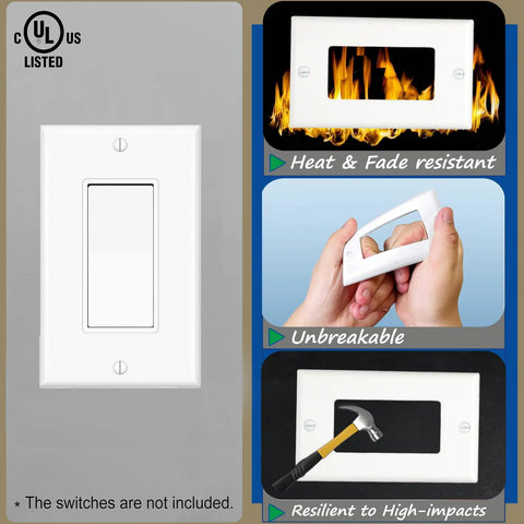 Image showing GFCI Style Rocker Light Switch Wall Plate Cover 1-Gang 4.50 By 2.76 Inches; includes examples of heat resistance and durability.