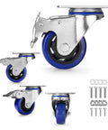 Heavy Duty 3 Inch Swivel Caster Wheels Set Of 4 with galvanized steel build and blue polyurethane wheels for smooth movement.
