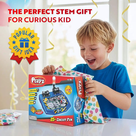 Child opening Electrical Circuit Board Kit For Kids With 25 Plus STEM Projects Learn Electricity, Voltage, Currents, Resistance And Magnetism In A Hands On Electronics Lab Toy For Ages 8 Through 13.