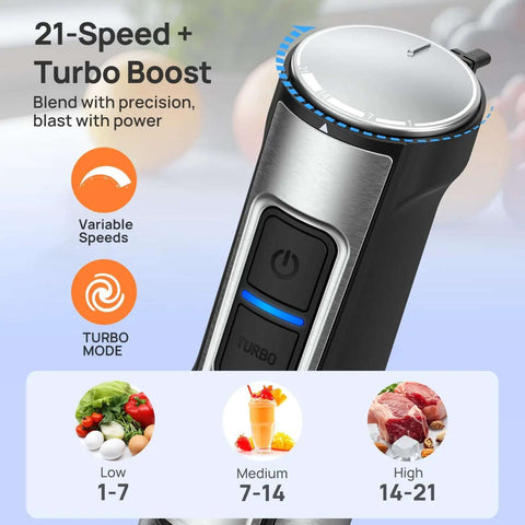 Kickstart Your Kitchen Game With This Heavy Duty 5 In 1 Immersion Blender Featuring 1100W Motor And 21 Speed Settings Plus Turbo Mode with speed controls.