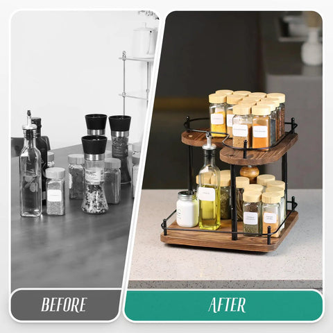 Two Tier Wooden Spice Rack Organizer With 360 Degree Rotating Lazy Susan, 11.8 Inch Large Capacity Countertop Shelf, organized kitchen spices