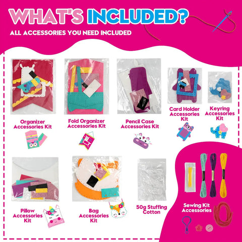 DIY Felt Sewing Kit For Kids Aged 5 To 10 7 Easy Projects Like Fox Bag, Unicorn Pillow, Owl Organizer, accessories included overview