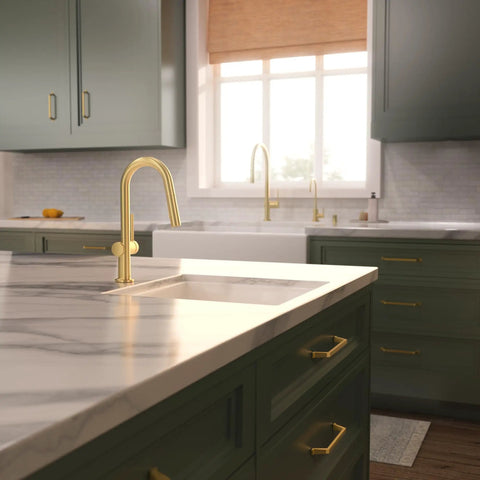 hansgrohe Talis N Pull Down Kitchen Faucet, Modern, Magnetic Hand Sprayer, 1-Handle, 1.75 GPM, Brushed Gold Optic, 72866251 in a stylish kitchen design.