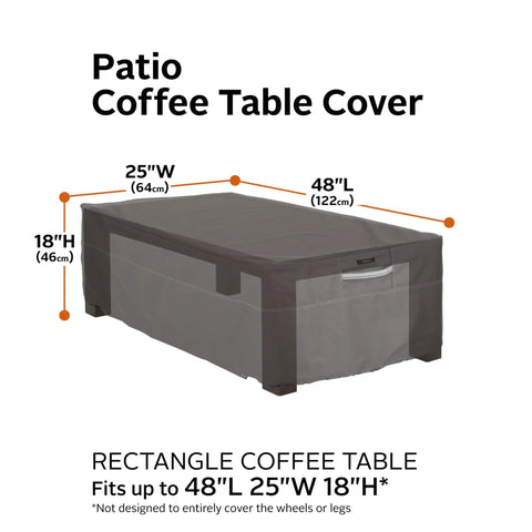 Ravenna 48 Inch Rectangular Patio Coffee Table Cover Weatherproof Water Resistant Heavy Duty Outdoor Table Protector With Gardelle Fabric And 2 Year Warranty shown on a table.