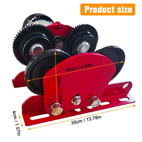 Beefy Electric Trolley For Power Hoist 1 Ton Capacity 2204 Lbs with heavy-duty wheels and adjustable beam flange, product dimensions shown