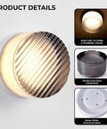 Modern Round LED Wall Sconce, 8W Smoke Grey Striped Glass Vanity Light with ribbed lampshade and matte white base.