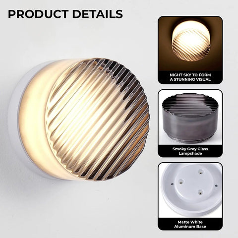 Modern Round LED Wall Sconce, 8W Smoke Grey Striped Glass Vanity Light with ribbed lampshade and matte white base.