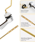 Universal Metal Side Mount Toilet Handle With Stainless Steel Flapper Chains Durable Brass Flush Lever Replacement Kit With 4 Adjustable Holes Fits Most Side Mount Toilets Chrome Finish 2 Pack, showcasing chrome handle and brass material details