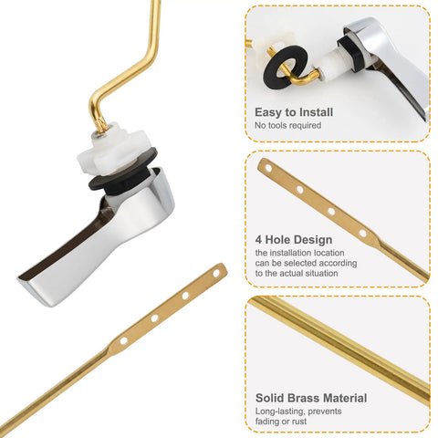 Universal Metal Side Mount Toilet Handle With Stainless Steel Flapper Chains Durable Brass Flush Lever Replacement Kit With 4 Adjustable Holes Fits Most Side Mount Toilets Chrome Finish 2 Pack, showcasing chrome handle and brass material details