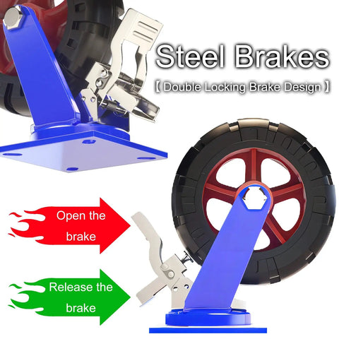 Heavy Duty Rubber Caster Wheels Set Of Four Built Tough With Reliable Brakes And Rock Solid Design showcasing steel brake mechanism.