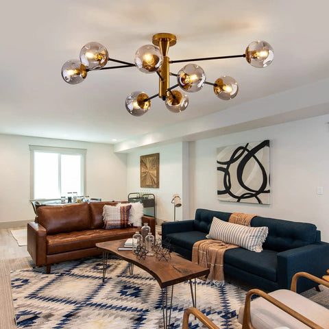 Living room with 8 Light Sputnik Ceiling Light Fixture Semi Flush Mount with Glass Globe in Black and Gold Mid Century Modern Chandelier