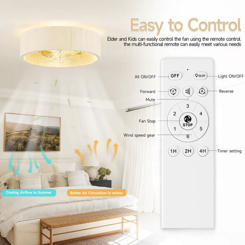 Jughtbo Boho Caged Fandelier Ceiling Fans with Lights and Remote Control, featuring remote and soft lighting in a cozy bedroom.