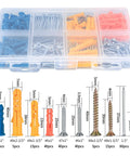 Must Have Wall Anchors And Screws Kit For Home DIY Projects Includes Drywall Anchors Flat Head Self Tapping Screws Plastic Expansion Plugs Wood Screws Nails 360 Pcs Assortment For Quick Mounting And Repairs in clear storage box with size chart