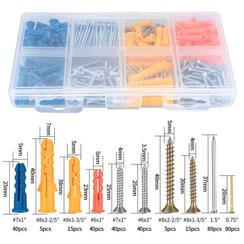 Must Have Wall Anchors And Screws Kit For Home DIY Projects Includes Drywall Anchors Flat Head Self Tapping Screws Plastic Expansion Plugs Wood Screws Nails 360 Pcs Assortment For Quick Mounting And Repairs in clear storage box with size chart