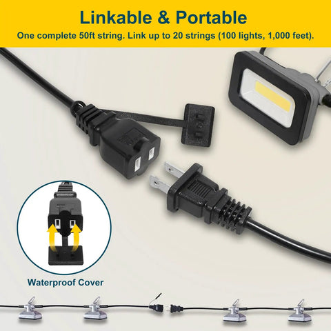 Heavy Duty 50 Ft LED Work Light Set With Five Heads Boss Level Brightness 50W 5000 Lumen Damp Rated Jobsite Lighting Linkable