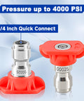 Pressure Washer Nozzle Tips Kit Seven Pack With One Quarter Inch Quick Connect For Power Washers Two Point Five GPM Includes 0 Degree 15 Degree 25 Degree 40 Degree 65 Degree Nozzles Rinse And Soap Modes showing red nozzle tip.