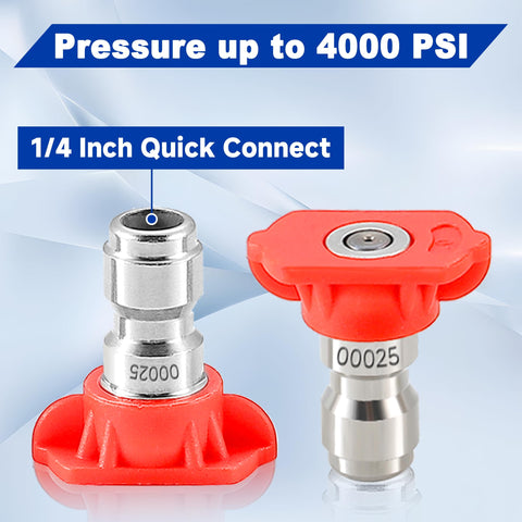 Pressure Washer Nozzle Tips Kit Seven Pack With One Quarter Inch Quick Connect For Power Washers Two Point Five GPM Includes 0 Degree 15 Degree 25 Degree 40 Degree 65 Degree Nozzles Rinse And Soap Modes showing red nozzle tip.