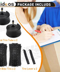 Folding 20x2.125 Mountain Bike Tires Pack With Levers and Schrader Valve Puncture Resistant Replacement Tires For BMX MTB Off Road Riding 57 406 Size Two Pack, showing two coiled inner tubes, two tires, and two levers with delivery scene in the background.