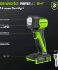 Rugged 24 Volt Cordless Tool Combo Featuring Drill And Impact Driver Plus Circular Saw And Multi Tool Includes Dual High Capacity Batteries Quick Charge Adapter And Mobile Power Bank For Hardcore Shop Beasts And Pro Crews, showcasing a durable flashlight with adjustable head.