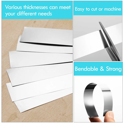 14 Piece 304 Stainless Steel Shim Stock Set With 1 Inch By 6 Inch Strips In Seven Thicknesses From 0.001 To 0.006 Inches Two Pieces Per Thickness Go To Kit For Precise Gap Shimming showing various thickness strips, bending, and cutting.