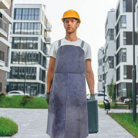 Worker wearing Cowhide Welding Apron Fireproof Workwear Portable Reusable Soldering Safety Protective Apron For Welders