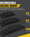 Park Your Trailer Crisp And Level Without The Hassle Using These Heavy Duty Stackable RV Leveling Blocks and Jack Support Pads stacked to show customizable height.