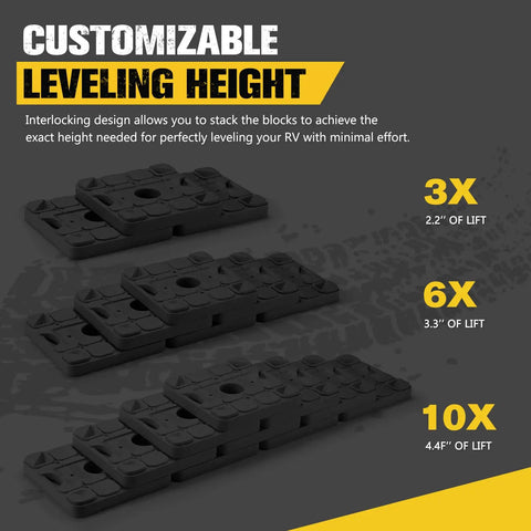 Park Your Trailer Crisp And Level Without The Hassle Using These Heavy Duty Stackable RV Leveling Blocks and Jack Support Pads stacked to show customizable height.