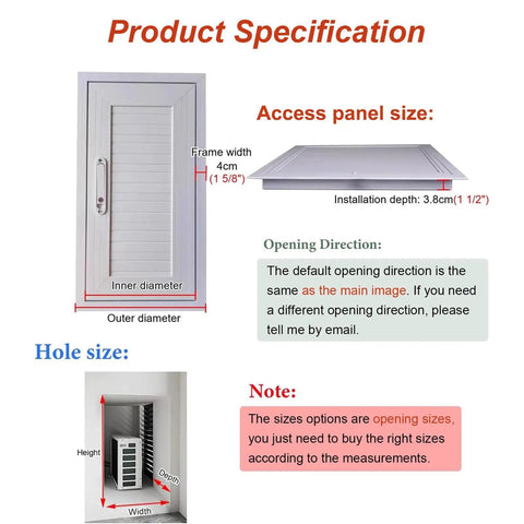 Product Specification for Solid Aluminum Access Door For Crawl Spaces And Attics With Heavy Duty Hinges and Dead Nuts Secure Locking Cover.
