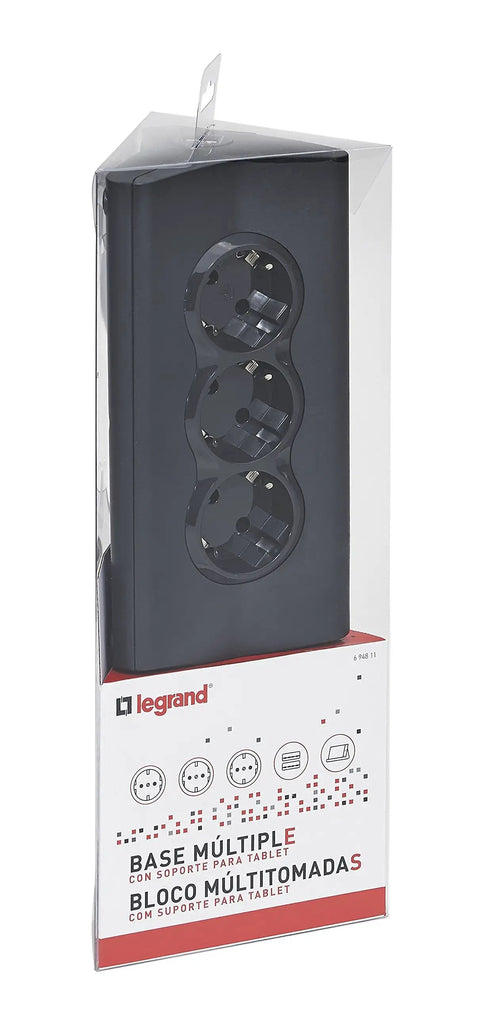 Kickstart Your Workspace Game With This Solid Three Outlet Power Strip And Dual Usb Charging Station Features sturdy tablet cradle in package.