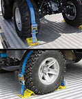 ATV secured with Wheel Chock Tie Down Kit For ATV UTV And Trailers, Heavy Duty E Track System, 4 Powder Coated Wheel Chocks visible