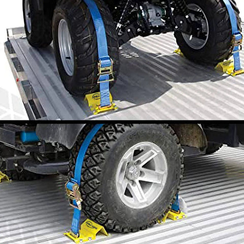 ATV secured with Wheel Chock Tie Down Kit For ATV UTV And Trailers, Heavy Duty E Track System, 4 Powder Coated Wheel Chocks visible