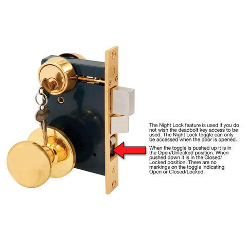 2-1/2 Inch Backset Entrance Mortise Lockset In Wrought Solid Brass, Left Handed, Old School Style Door Hardware shown with Night Latch.