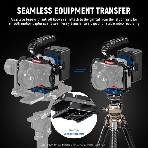 Foldable V Mount Battery Plate With Arca Type Quick Release Baseplate For DSLR Video Rig shown on gimbal and tripod setup