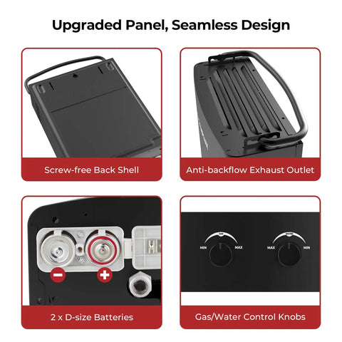 Close-up panels of Outdoor Propane Tankless Water Heater 5L with 1.32 GPM AY132B Black showcasing controls and exhaust.