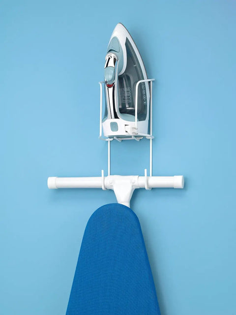 Wire Over The Door Ironing Caddy For Iron And Ironing Board Storage Organizer White on blue wall with iron and ironing board