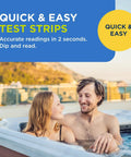 Premium Water Test Strips For Hot Tubs And Swim Spas Straight Up Smart Chlor Balancing Formula No Sweat Backyard Spa Care Kit Effortless Water Quality Checker With 60 Count Sheets in hot tub with smiling couple.