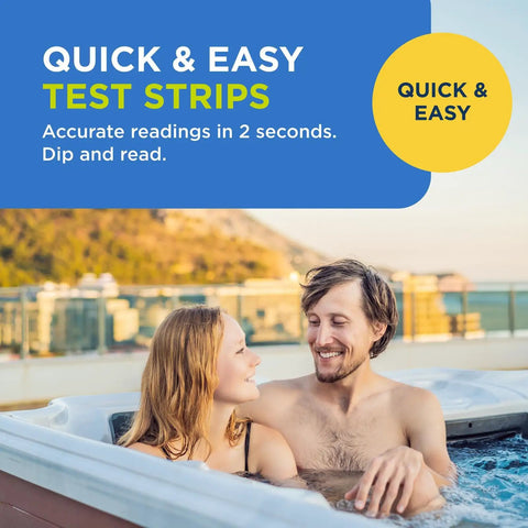 Premium Water Test Strips For Hot Tubs And Swim Spas Straight Up Smart Chlor Balancing Formula No Sweat Backyard Spa Care Kit Effortless Water Quality Checker With 60 Count Sheets in hot tub with smiling couple.