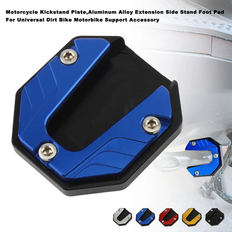 Aluminum Alloy Kickstand Plate Extension For Universal Dirt Bikes And Motorbikes Side Stand Foot Pad Dope Upgrade Durable Wear Resistant Support Accessory Silver, shown in blue with screws, side view