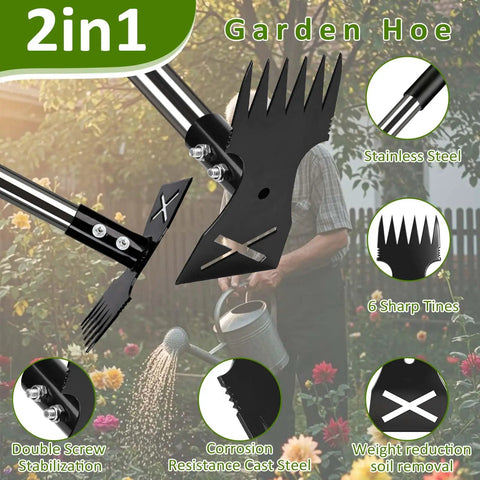 2 In 1 Weed Remover Tool With Long Handle, Vertical Adjustable Weeder, Garden Hoe And Weeding Rake Combo for outdoor use