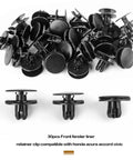 All In One Push Retainer Clips Kit For Honda Acura Accord Civic Fender Liner And Bumper 8mm Hole Replacement 121 Pcs Pack No Fuss Easy Install Compatible With 91501-TR0-003 And 91512-SX0-003, 30 pcs front fender liner clips displayed